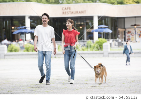 Shiba Inu和一對夫婦在公園散步 54355112