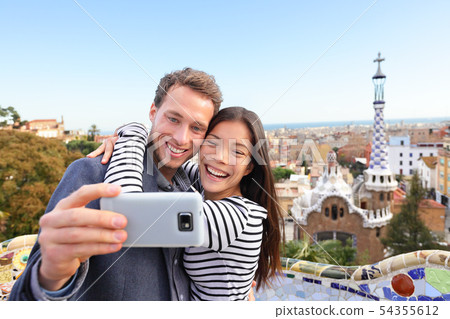 Travel couple happy selfie, Park Guell, Barcelona Travel couple happy selfie, Park Guell, Barcelona 54355612