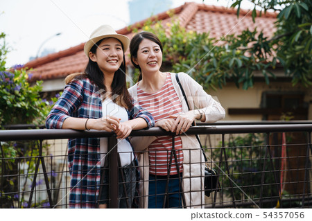 friends sightseeing curiously beautiful town view friends sightseeing curiously beautiful town view 54357056
