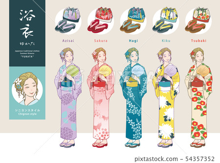 Vector set of women in yukata (Shinyon style),... - Stock Illustration ...