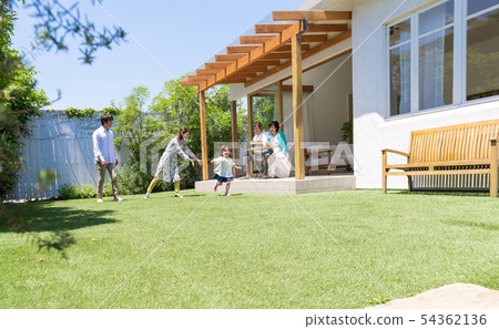 Three generations family, blue sky, garden, play, home 54362136