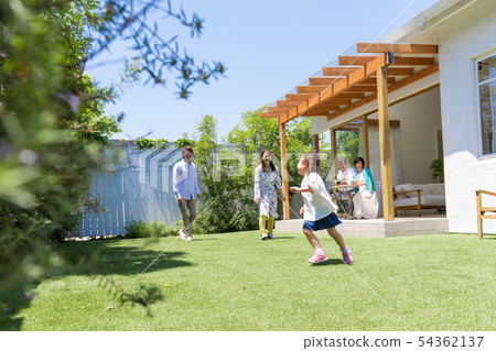 Three generations family, blue sky, garden, play, home Three generations family, blue sky, garden, play, home 54362137
