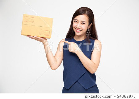 Happy Asian woman holding package parcel box, 54362973