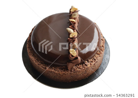 Dark chocolate cake with mirror glaze and crumble border 54363291