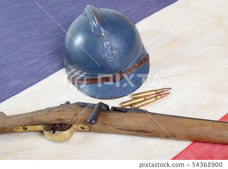 french helmet of the First World War with a gun on 54368900