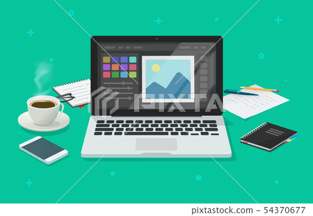 Photo or graphic editor on computer vector illustration, flat cartoon laptop screen with design or Photo or graphic editor on computer vector illustration, flat cartoon laptop screen with design or 54370677