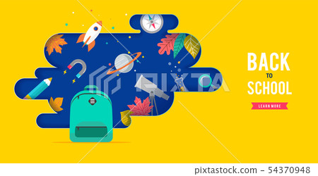 Back to school, backpack with speech bubble and many education icons, elements. Vector concept 54370948