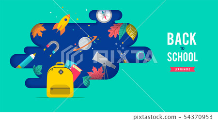Back to school, backpack with speech bubble and many education icons, elements. Vector concept 54370953