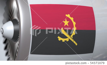 Airplane engine with flag of Angola. Angolan air transportation conceptual 3D rendering Airplane engine with flag of Angola. Angolan air transportation conceptual 3D rendering 54371079