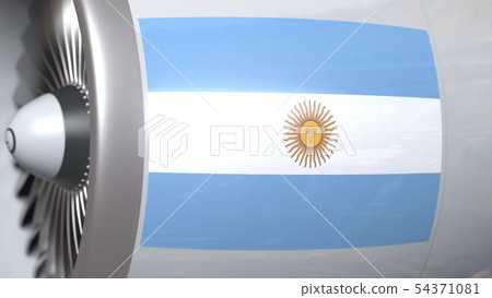 Airplane turbine with flag of Argentina. Argentinean transportation conceptual 3D rendering Airplane turbine with flag of Argentina. Argentinean transportation conceptual 3D rendering 54371081