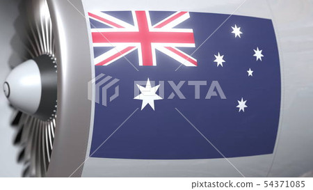 Turbine with flag of Australia. Australian air transportation related conceptual 3D rendering 54371085