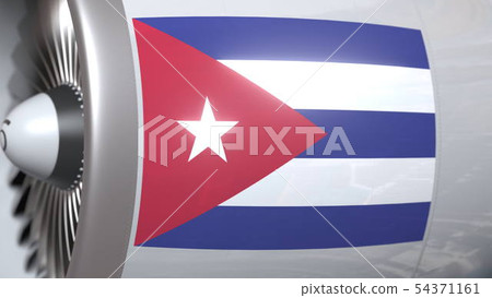 Airplane engine with flag of Cuba. Cuban air transportation conceptual 3D rendering Airplane engine with flag of Cuba. Cuban air transportation conceptual 3D rendering 54371161