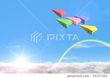 天空彩虹紙飛機背景 54371303