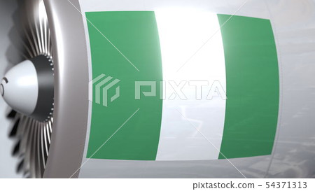 Aircraft engine with flag of Nigeria, Nigerian air transportation related 3D rendering 54371313