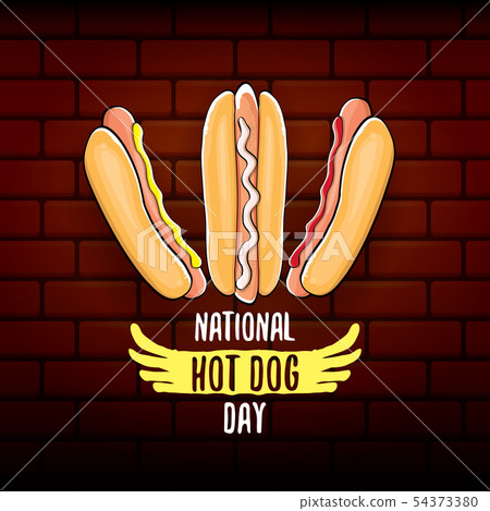 National hot dog day poster with funny cartoon hot dog. Hot dog day label or print for tee. 54373380