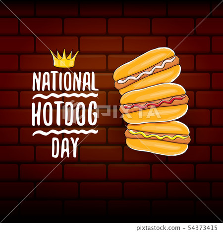 National hot dog day poster with funny cartoon hot dog. Hot dog day label or print for tee. 54373415