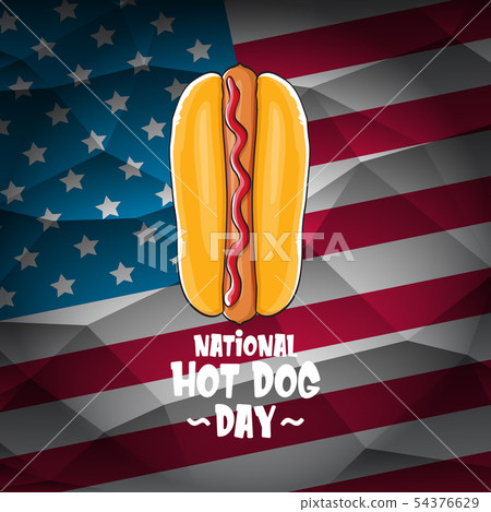 National hot dog day poster with funny cartoon hot dog. Hot dog day label or print for tee isolated National hot dog day poster with funny cartoon hot dog. Hot dog day label or print for tee isolated 54376629