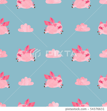 Cute watercolor flying pigs seamless pattern. 54376631