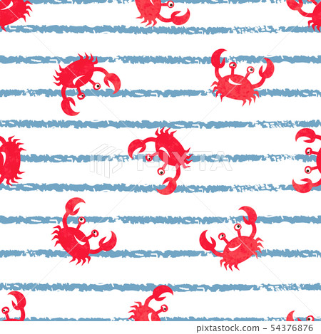 Striped seamless pattern with cute watercolor crab - Stock Illustration ...