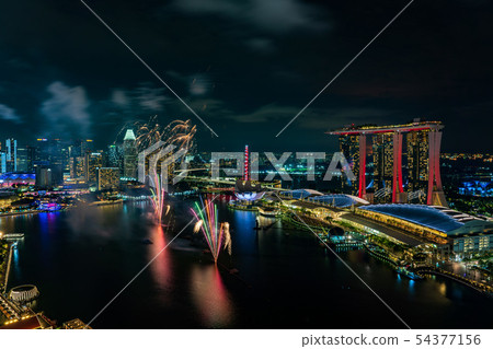 Night view and fireworks of Singapore Marina Bay NDP rehearsal Night view and fireworks of Singapore Marina Bay NDP rehearsal 54377156