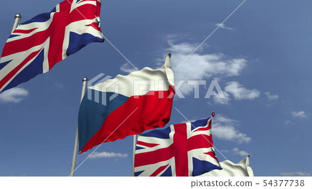 Waving flags of Czech and the United Kingdom, 3D rendering 54377738