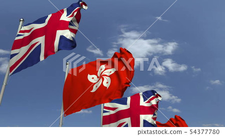 Row of waving flags of Hong Kong and the United Kingdom, 3D rendering 54377780