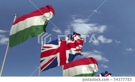 Row of waving flags of Hungary and the United Kingdom, 3D rendering 54377783