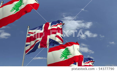 Waving flags of Lebanon and the United Kingdom on sky background, 3D rendering Waving flags of Lebanon and the United Kingdom on sky background, 3D rendering 54377790