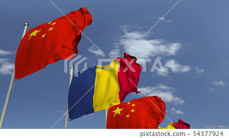 Flags of Romania and China at international meeting, 3D rendering 54377924