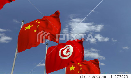 Many flags of Tunisia and China, 3D rendering 54377973