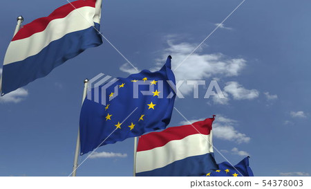 Flags of Netherlands and the European Union against blue sky, 3D rendering Flags of Netherlands and the European Union against blue sky, 3D rendering 54378003