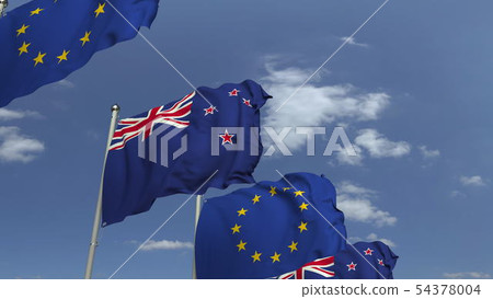 Many flags of New Zealand and the European Union EU, 3D rendering Many flags of New Zealand and the European Union EU, 3D rendering 54378004
