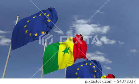 Many flags of Senegal and the European Union EU, 3D rendering Many flags of Senegal and the European Union EU, 3D rendering 54378337
