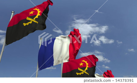 Waving flags of Angola and France, 3D rendering 54378391