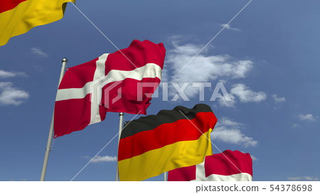 Waving flags of Denmark and Germany on sky background, 3D rendering 54378698