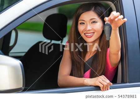 Chinese Asian Young Woman Girl Holding Key Driving Chinese Asian Young Woman Girl Holding Key Driving 54378981