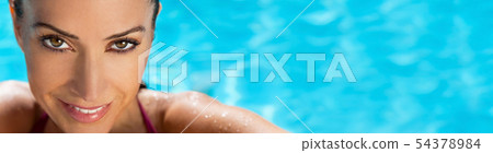 Panorama Banner Smiling Woman in Swimming Pool 54378984