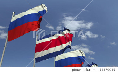 Waving flags of Costa rica and Russia on sky background, 3D rendering Waving flags of Costa rica and Russia on sky background, 3D rendering 54379045