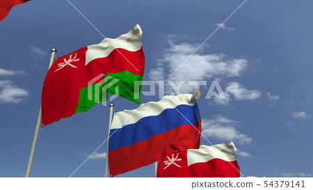 Flags of Oman and Russia at international meeting, 3D rendering 54379141