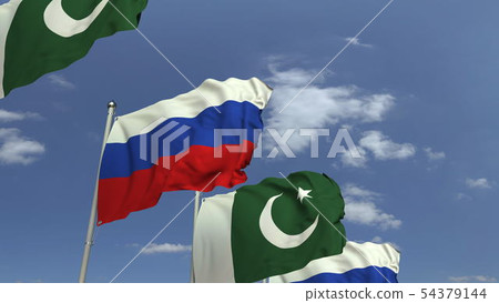 Waving flags of Pakistan and Russia, 3D rendering 54379144