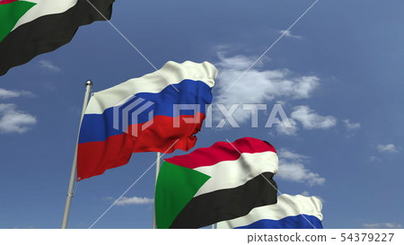 Waving flags of Sudan and Russia on sky background, 3D rendering 54379227