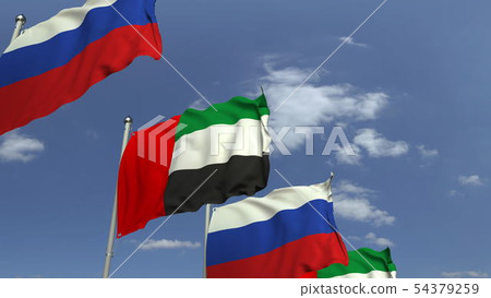 Flags of the UAE and Russia at international meeting, 3D rendering Flags of the UAE and Russia at international meeting, 3D rendering 54379259