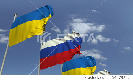 Flags of Ukraine and Russia at international meeting, 3D rendering Flags of Ukraine and Russia at international meeting, 3D rendering 54379262