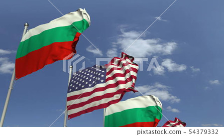 Waving flags of Bulgaria and the USA on sky background, 3D rendering 54379332