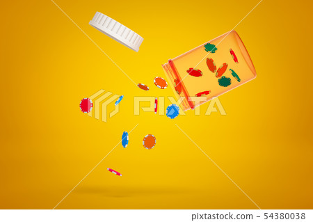 3d rendering of transparent plastic pill jar tilted in air with lid off and colorful poker chips 3d rendering of transparent plastic pill jar tilted in air with lid off and colorful poker chips 54380038