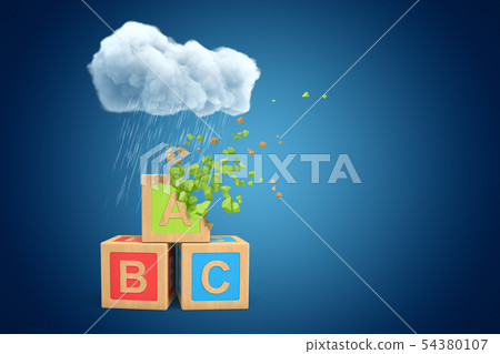 3d rendering of three ABC blocks standing under white raining cloud on blue copyspace background 54380107