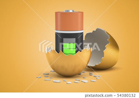 3d closeup rendering of almost full battery that just hatched out from golden egg. 54380132