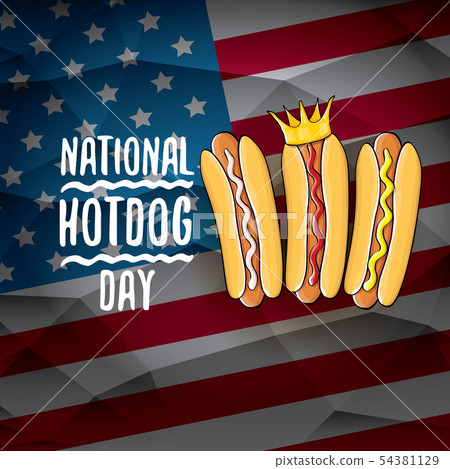 National hot dog day poster with funny cartoon hot dog. Hot dog day label or print for tee isolated 54381129