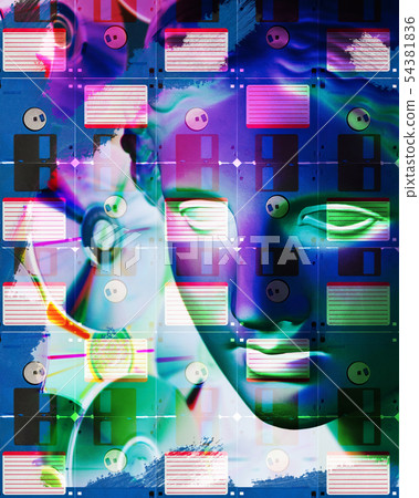 Modern conceptual art poster with face ancient statue and floppy disc. Collage of contemporary art. 54381836