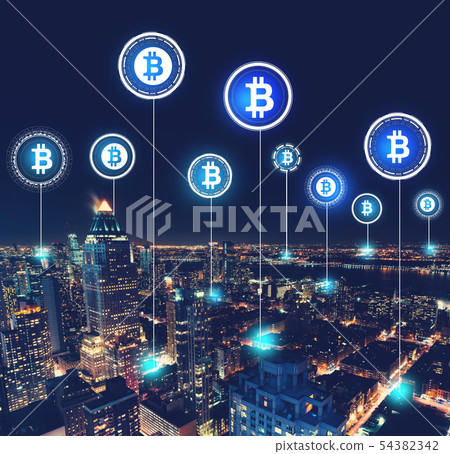 Bitcoin theme with aerial view of Manhattan Bitcoin theme with aerial view of Manhattan 54382342